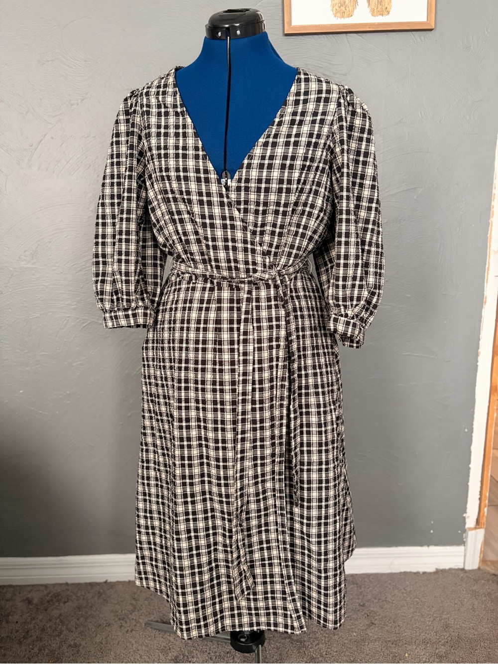 a new day Black and White Plaid Wrap-Style Midi Dress